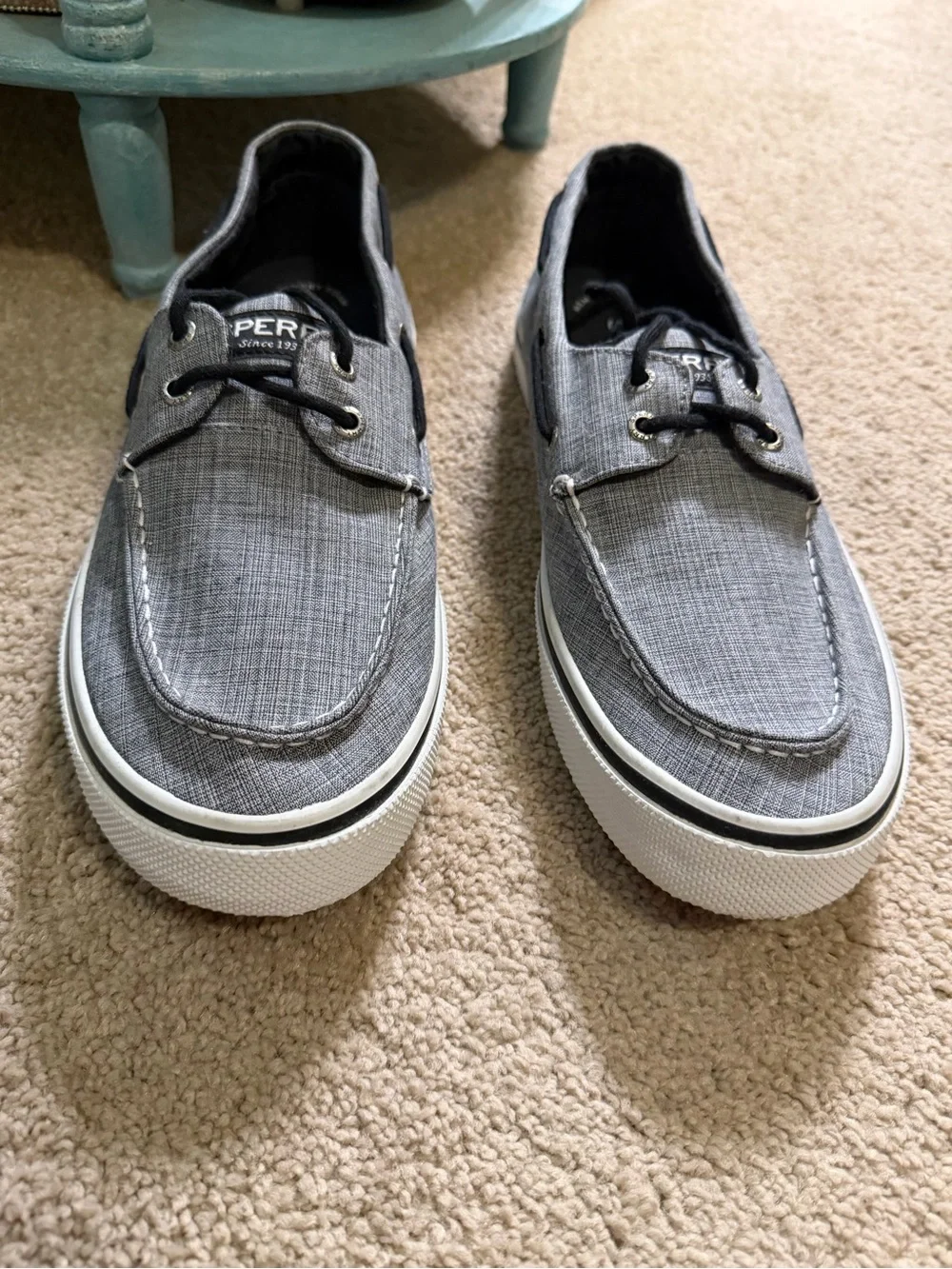 Sperry Men's Halyard 2-Eye boat shoes grey linen Canvas Black Laces Size 11